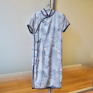 Blue Flora Fan Printed Qipao Dress - Chinese Traditional Cheongsam